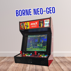Une borne de jeu Neo Geo avec un jeu de street fighter, sur un fond de plancher