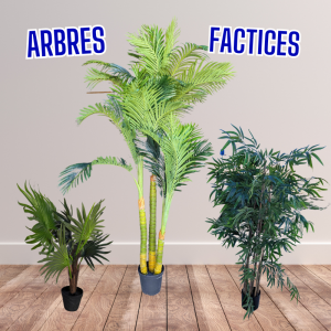 3 arbres factices de tailles différents : palmier, bambou, arbrisseau