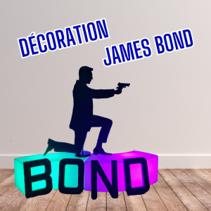 une silhouette d'un homme accroupi qui tient un pistolet. Posé sur des bancs lumineux (rose et bleu) où sont posés de face, des lettres géantes écrivant "BOND"
