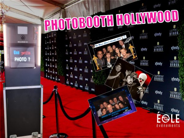 un montage qui présente le photobooth noir appelé "Hollywood" dans un fond de défilé tapis rouge pour le cinéma avec des exemples de photos prises avec nos cadres personnalisés.