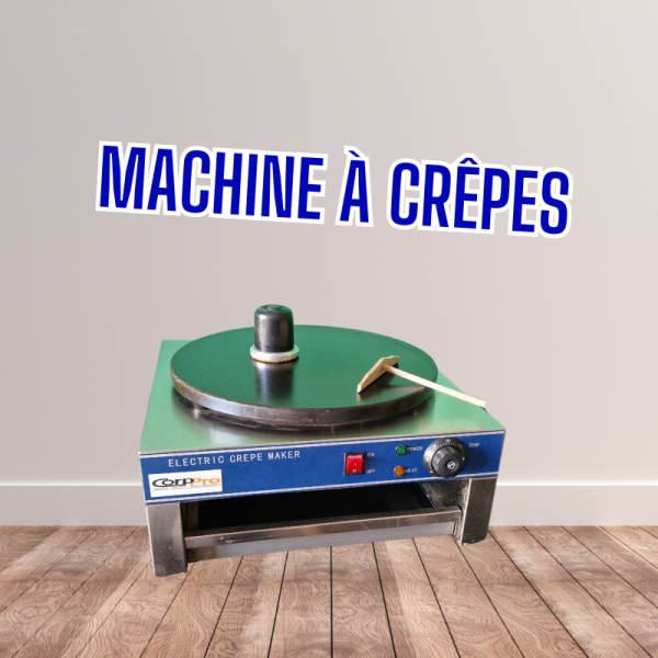 une machine à crêpes et ses accessoires pour répartir l'huile et la crêpe.